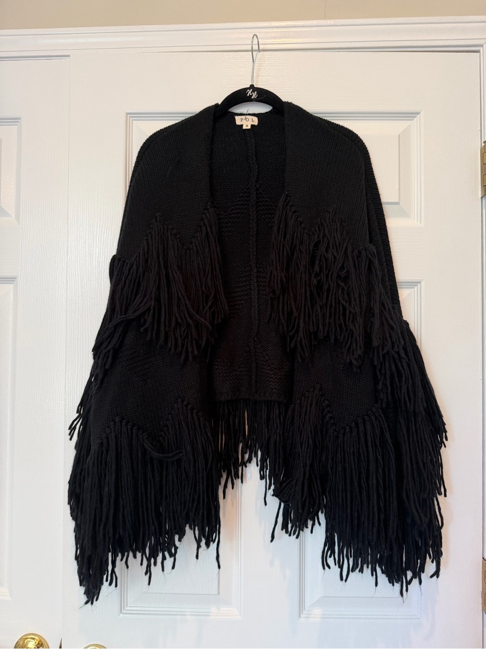 POL Boutique Black Tiered Fringe Chunky Knit Cardigan Sweater Cape